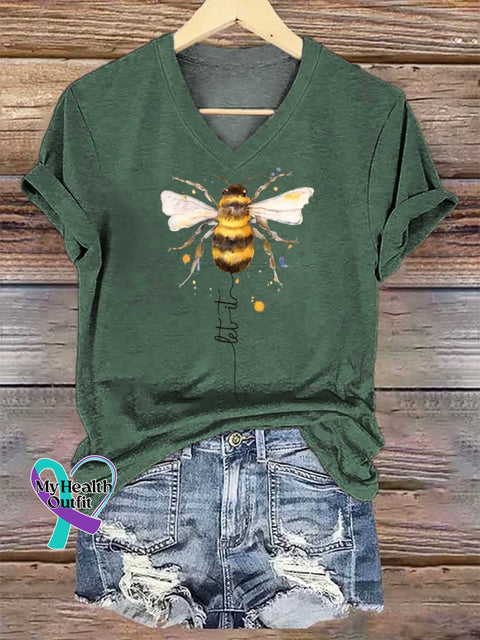 Women’s Let It Bee V-neck Casual T-Shirt Green / S