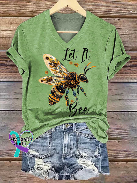 Women’s Let It Bee V-neck Casual T-Shirt Green / S