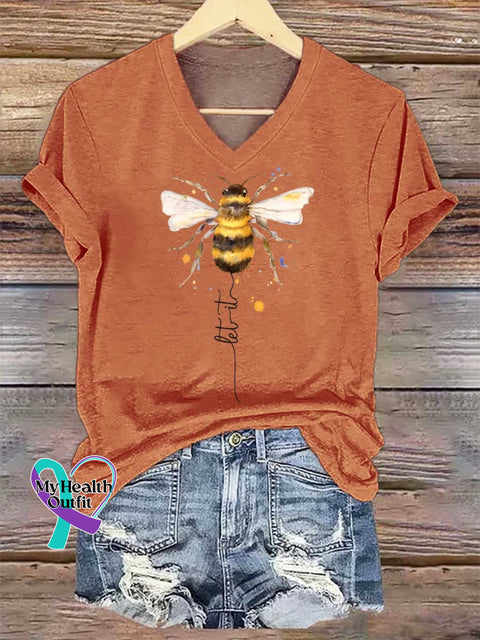 Women’s Let It Bee V-neck Casual T-Shirt Orange / S