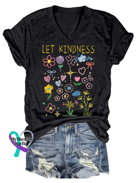 Women’s LET KINDNESS Floral V-neck Casual T-Shirt Black / S