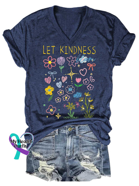 Women’s LET KINDNESS Floral V-neck Casual T-Shirt Blue / S