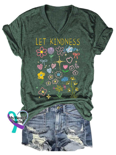 Women’s LET KINDNESS Floral V-neck Casual T-Shirt Green / S