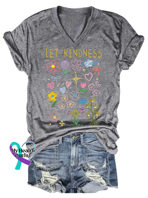 Women’s LET KINDNESS Floral V-neck Casual T-Shirt Grey / S