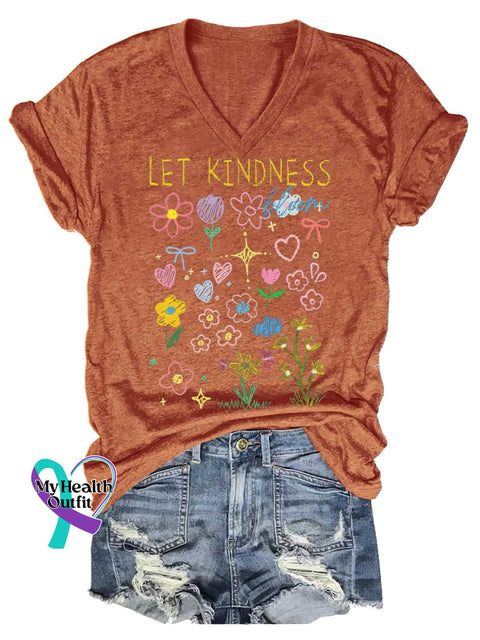 Women’s LET KINDNESS Floral V-neck Casual T-Shirt Orange / S