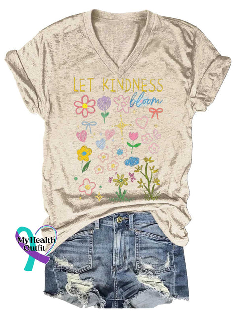 Women’s LET KINDNESS Floral V-neck Casual T-Shirt Sand / S