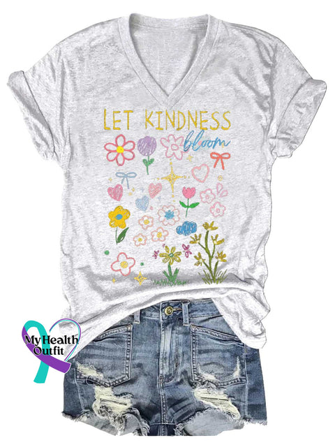 Women’s LET KINDNESS Floral V-neck Casual T-Shirt White / S