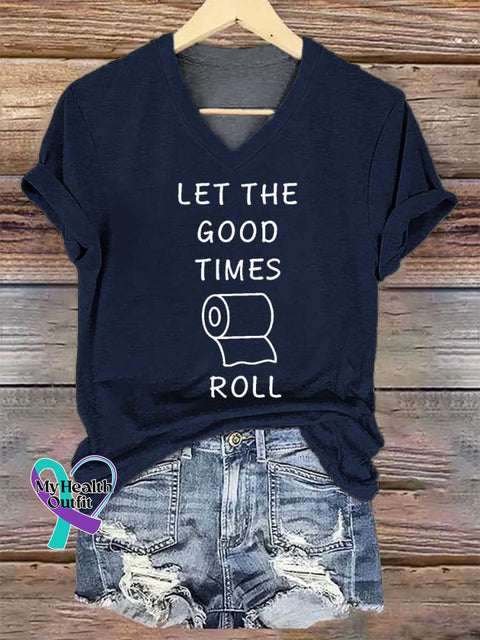 Women’s LET THE GOOD TIMES ROLL V-neck Casual T-Shirt Blue / S