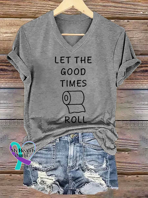 Women’s LET THE GOOD TIMES ROLL V-neck Casual T-Shirt Grey / S