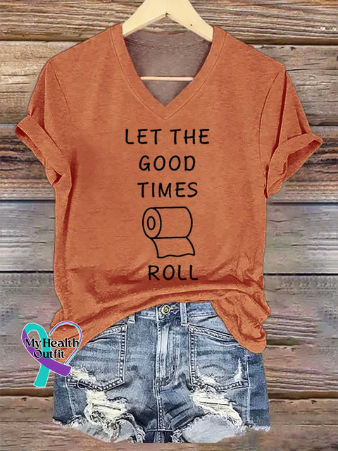 Women’s LET THE GOOD TIMES ROLL V-neck Casual T-Shirt Orange / S