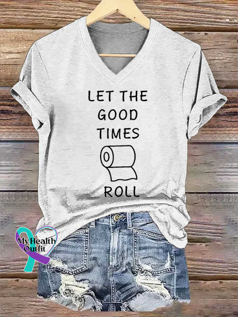 Women’s LET THE GOOD TIMES ROLL V-neck Casual T-Shirt White / S