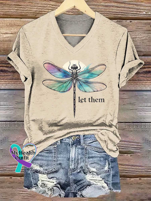 Women’s Let Them Dragonfly V-neck Casual T-Shirt Multicolor / S
