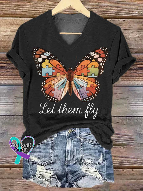 Women’s Let Them Fly Butterfly V-neck Casual T-Shirt Black / S