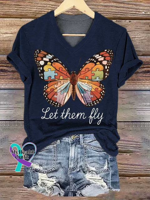 Women’s Let Them Fly Butterfly V-neck Casual T-Shirt Blue / S