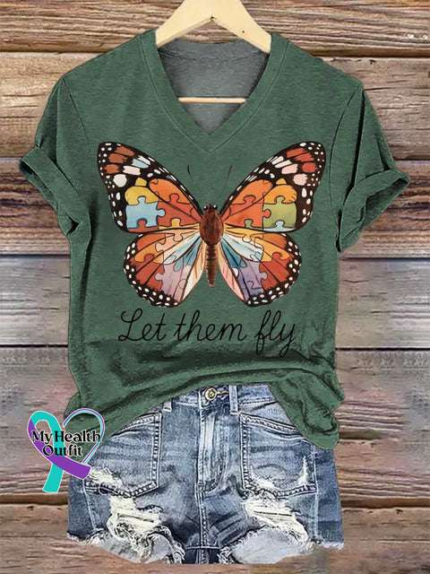Women’s Let Them Fly Butterfly V-neck Casual T-Shirt Green / S