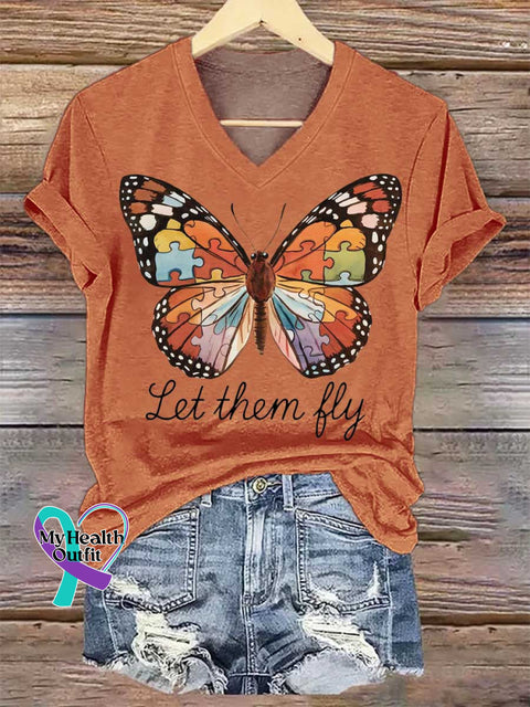 Women’s Let Them Fly Butterfly V-neck Casual T-Shirt Orange / S