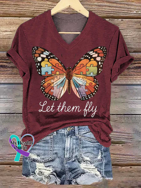 Women’s Let Them Fly Butterfly V-neck Casual T-Shirt Red / S