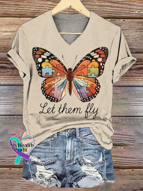 Women’s Let Them Fly Butterfly V-neck Casual T-Shirt Sand / S