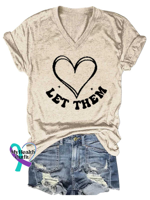 Women’s Let Them Heart Shape V-neck Casual T-Shirt Sand / S