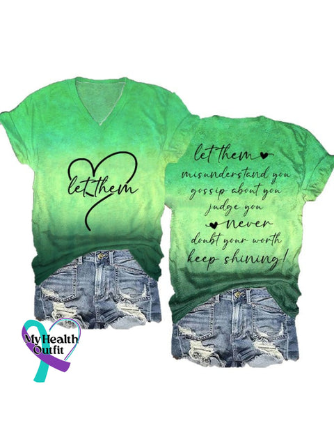 Women’s Let Them Keep Shining Mental Health Printed V-Neck T-Shirt Green / S