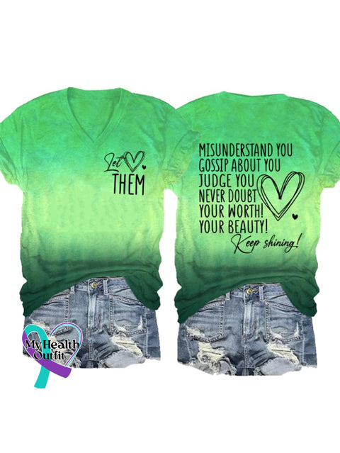 Women’s Let Them Print V-Neck Casual T-Shirt Green / S