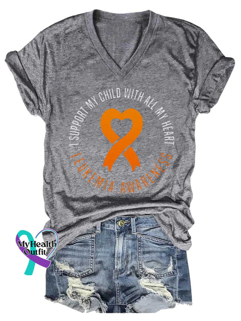 Women’s LEUKEMIA AWARENESS I Support MY CHILD WITH ALL MY HEAR Orange Ribbon V-neck Casual T-Shirt Grey / S