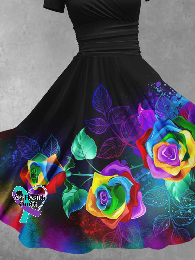 Women’s Lgbt Rainbow Gradient Rose Flowers Art Print Design Maxi Dress