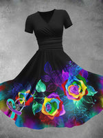 Women’s Lgbt Rainbow Gradient Rose Flowers Art Print Design Maxi Dress Black / S