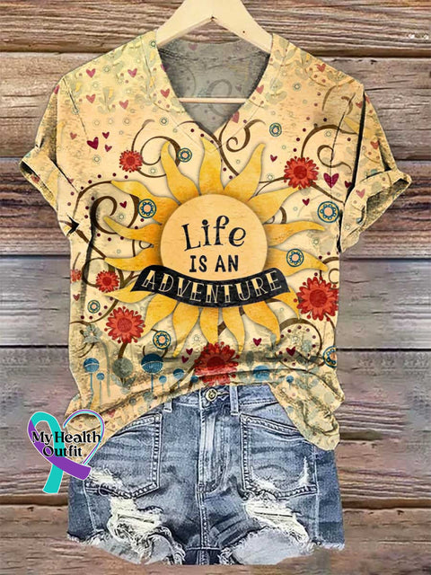 Women’s Life IS AN ADVENTURE V-neck Casual T-Shirt Multicolor / S
