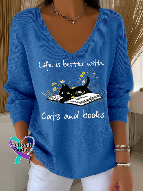 Women’s Life Is Better with Cats and Books. Casual Pullover Sweater Blue / S