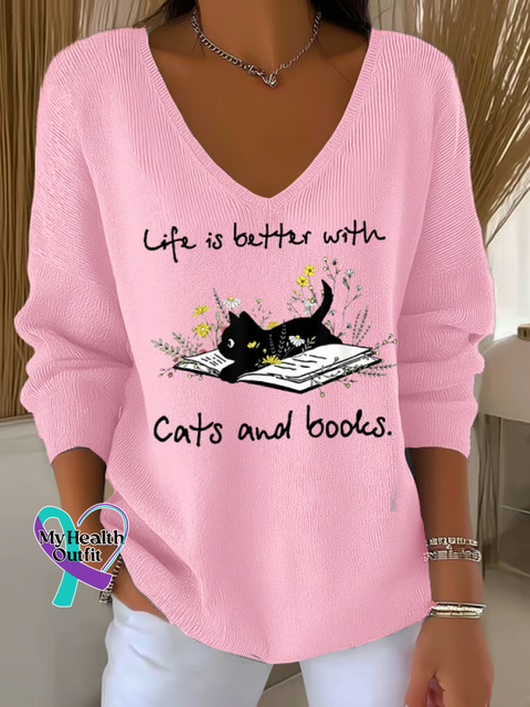 Women’s Life Is Better with Cats and Books. Casual Pullover Sweater LightPink / S