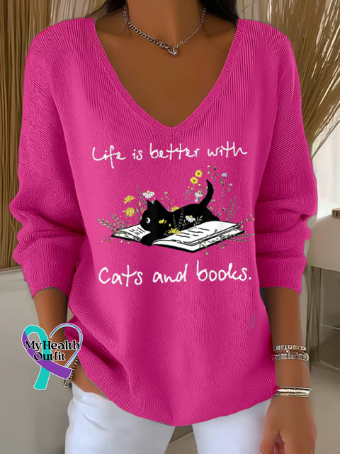 Women’s Life Is Better with Cats and Books. Casual Pullover Sweater Pink / S
