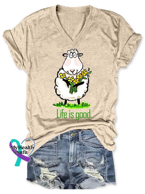 Women’s Life Is Good Funny Lamb V neck Casual T Shirt Apricot / S