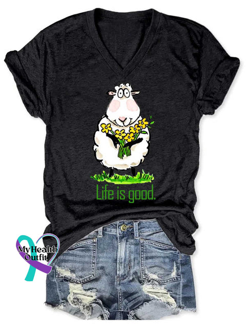 Women’s Life Is Good Funny Lamb V neck Casual T Shirt Black / S