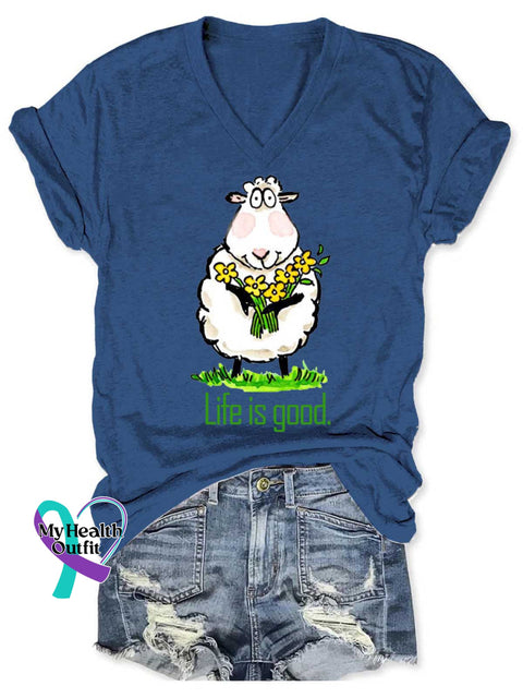 Women’s Life Is Good Funny Lamb V neck Casual T Shirt Blue / S
