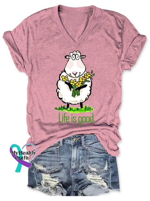 Women’s Life Is Good Funny Lamb V neck Casual T Shirt Pink / S