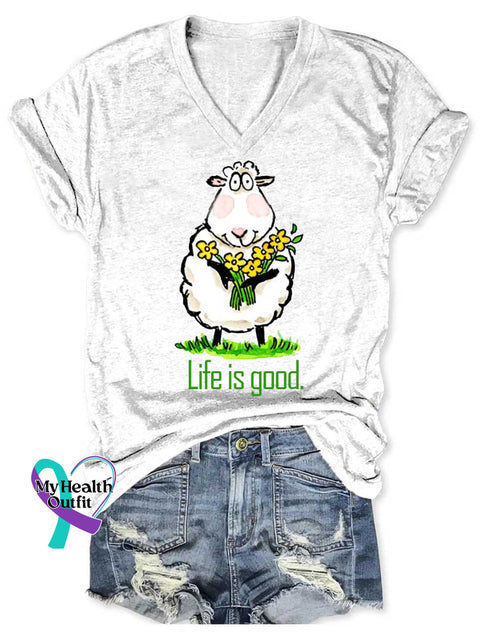 Women’s Life Is Good Funny Lamb V neck Casual T Shirt White / S