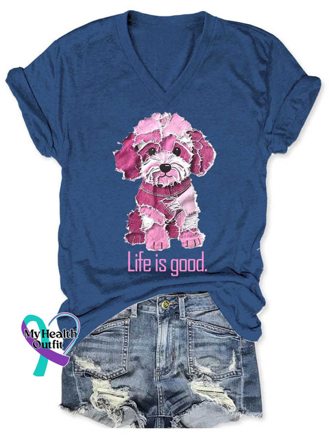 Women’s Life Is Good Funny Pink Denim Dog V neck Casual T Shirt Blue / S
