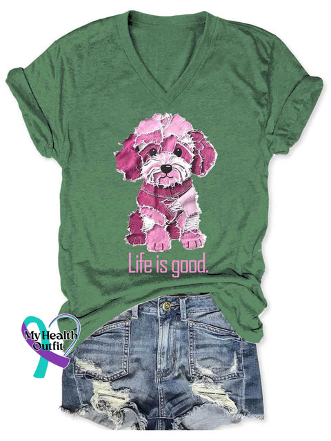 Women’s Life Is Good Funny Pink Denim Dog V neck Casual T Shirt Green / S