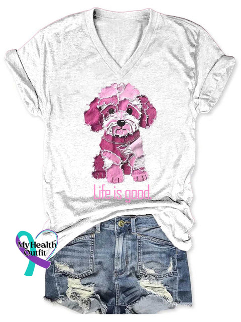 Women’s Life Is Good Funny Pink Denim Dog V neck Casual T Shirt White / S