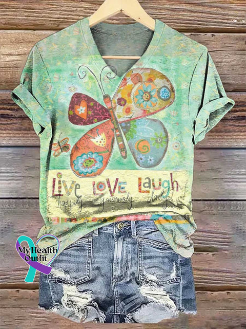 Women’s Live Happity LOVE Generously Laugh Daily Butterfly V-neck Casual T-Shirt Multicolor / S