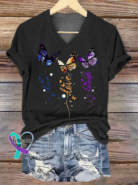 Women’s Live Love Laugh Butterflies V-neck Casual T-Shirt Black / S