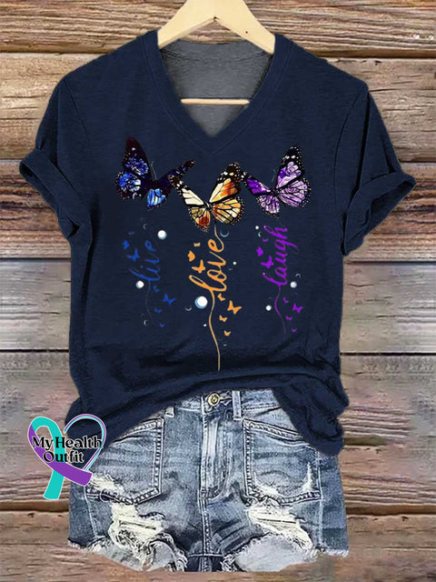 Women’s Live Love Laugh Butterflies V-neck Casual T-Shirt Blue / S