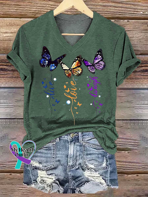 Women’s Live Love Laugh Butterflies V-neck Casual T-Shirt Green / S