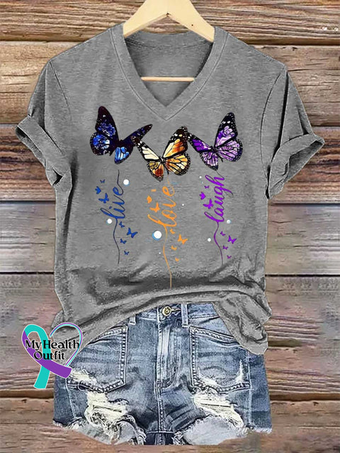 Women’s Live Love Laugh Butterflies V-neck Casual T-Shirt Grey / S