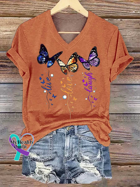 Women’s Live Love Laugh Butterflies V-neck Casual T-Shirt Orange / S