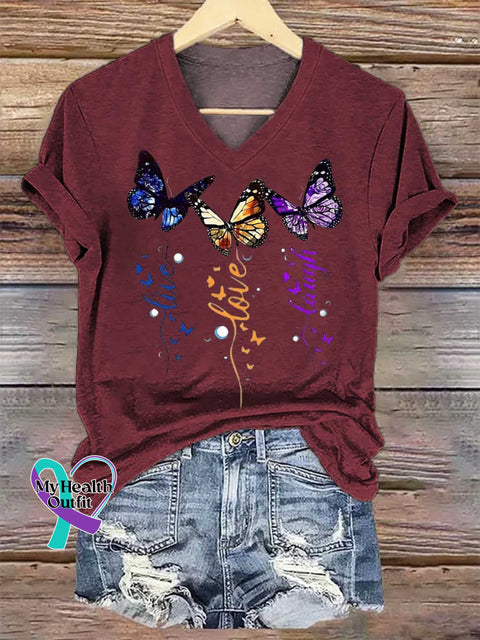Women’s Live Love Laugh Butterflies V-neck Casual T-Shirt Red / S