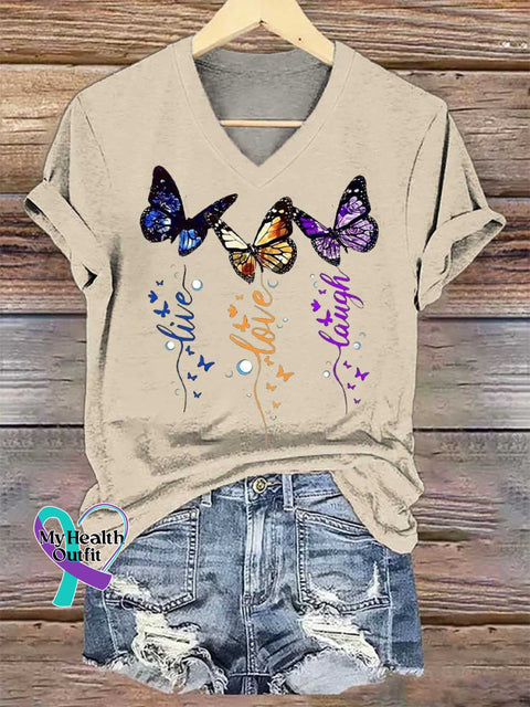 Women’s Live Love Laugh Butterflies V-neck Casual T-Shirt Sand / S