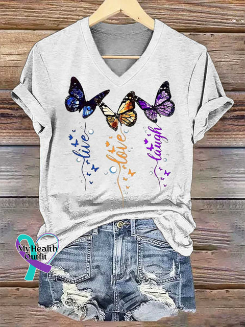 Women’s Live Love Laugh Butterflies V-neck Casual T-Shirt White / S