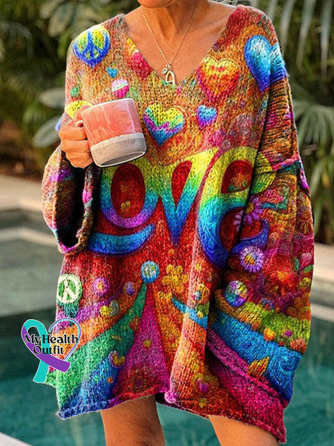 Women’s Love And Peace Art Print Casual Pullover Sweater Multicolor / M