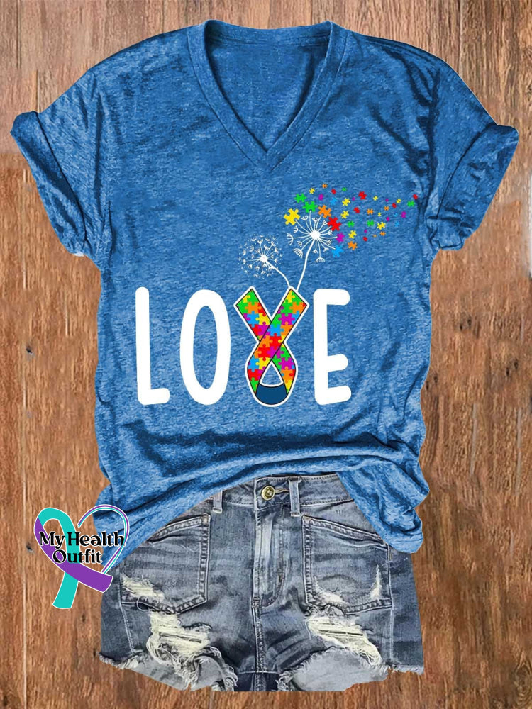 Women’s Love Autism Awareness V-Neck Casual T-Shirt Blue / S